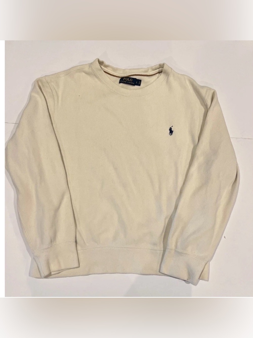 Polo Ralph Lauren Mens Cream Ribbed Crewneck Sweatshirt Navy Pony Logo Large